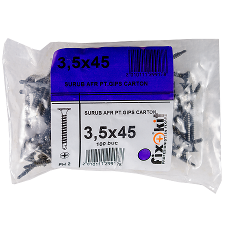 Surub autoforant pentru gips carton, otel fosfatat, 3,5 x 45 mm, 100 BUC