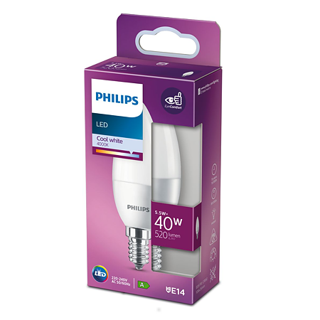 Bec LED lumanare Philips, E14, 5.5 - 40W, alb, lumina rece 4000 K Bec LED lumanare Philips, E14, 5.5 - 40W, alb, lumina rece 4000 K