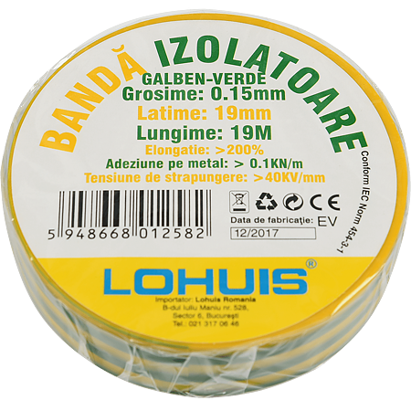 Banda izolatoare electrica PVC Lohuis, verde - galben, 19 mm, rola 19 m