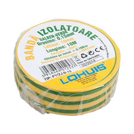 Banda izolatoare electrica PVC Lohuis, verde-galben, 19 mm, rola 10 m