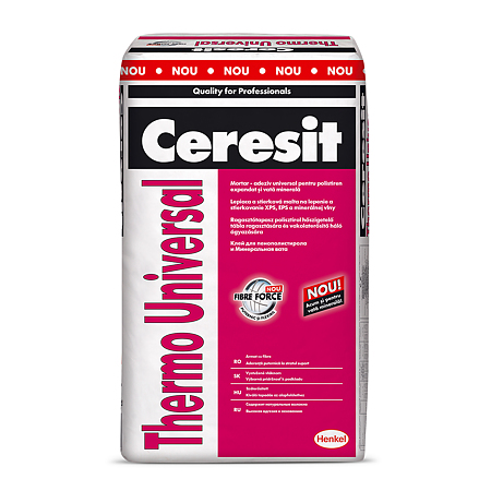 Mortar adeziv universal polistiren/vata minerala, Ceresit Thermo Universal, interior/exterior, 25 kg