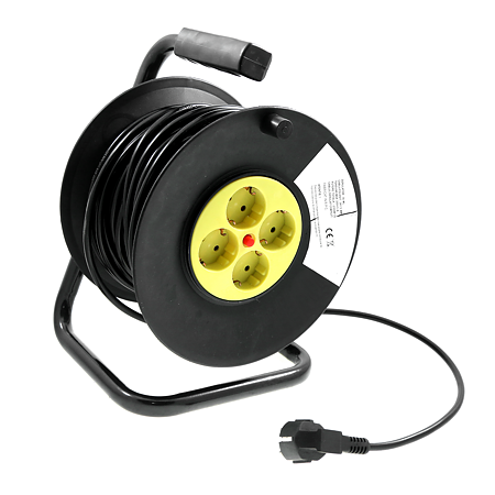 Derulator cablu electric cu 4 prize, Schuko, galben, 3 x 1,5 mmp, 30 m